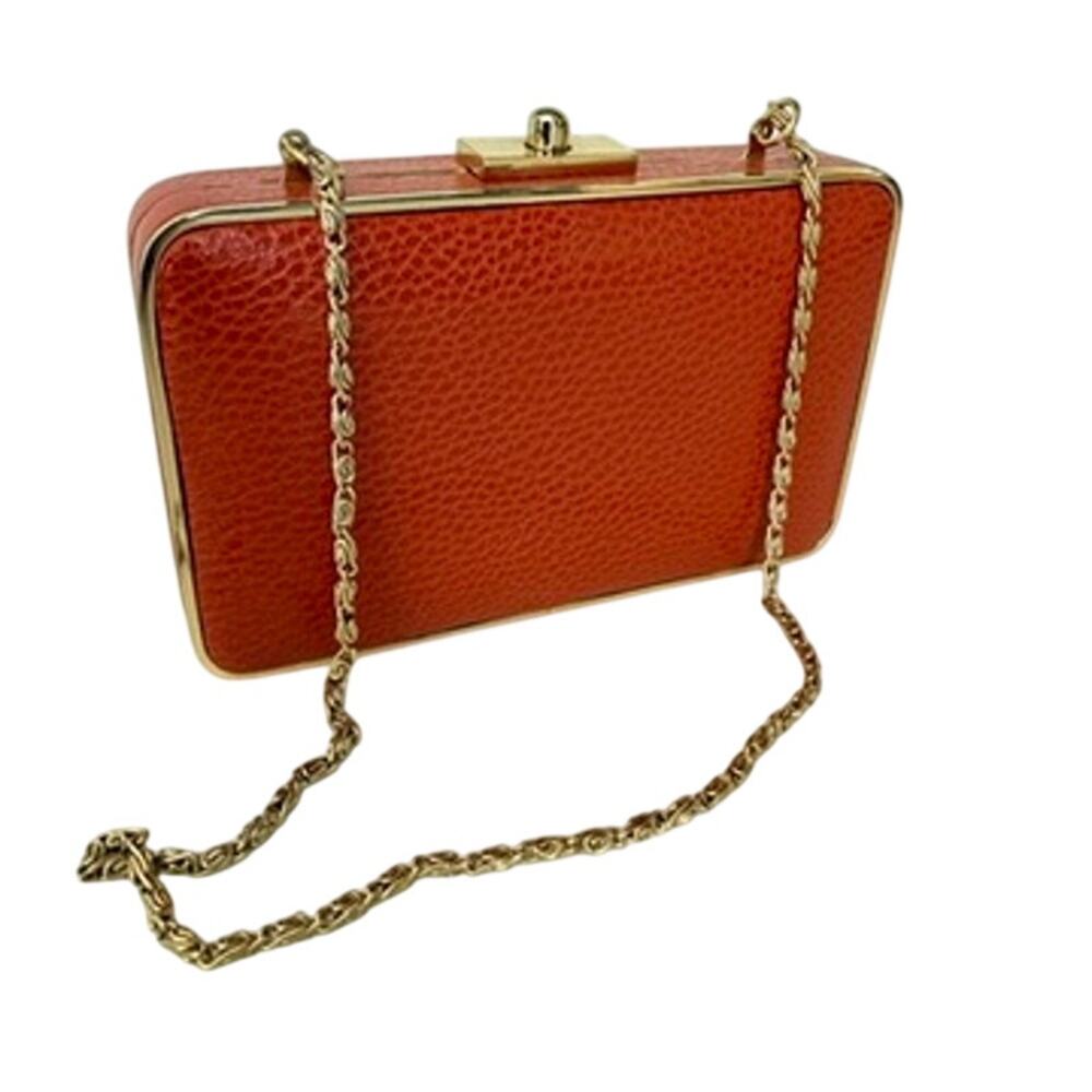J McLaughlin Vintage Orange Pebbled Leather Box Clutch Gold‎ Frame Chain Bag